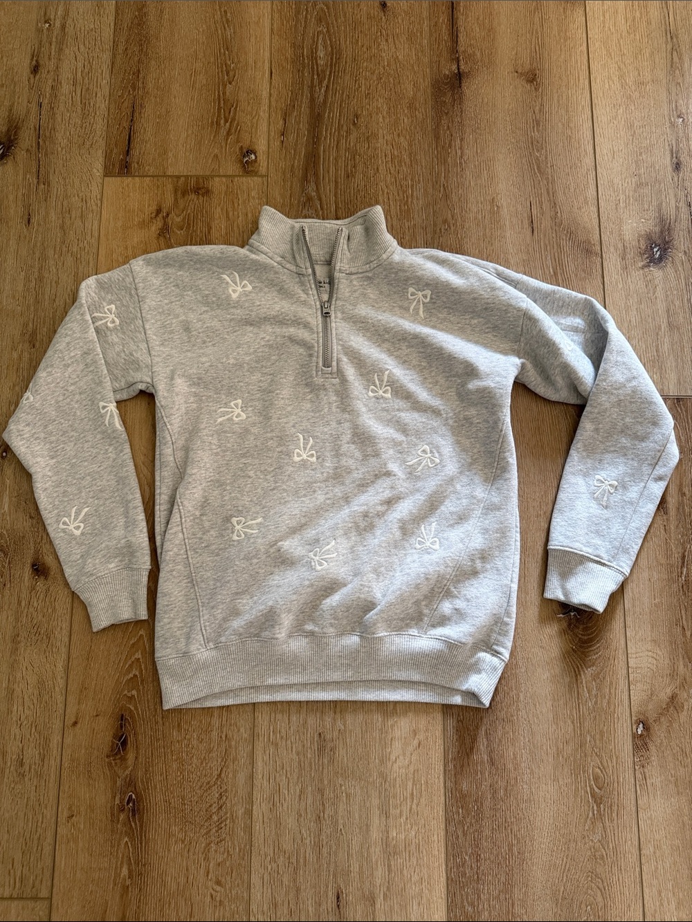 abercrombie kids |  Light Gray Half-Zip Sweatshirt | White Bow Embroidery 13/14